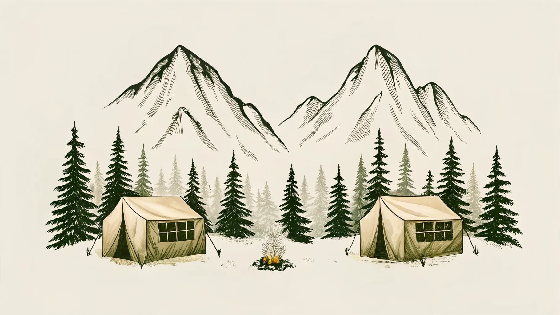 Hand-drawn engraved illustration of two canvas cabin tents with large windows beside a campfire, backed by pine forest and snow-capped peaks.