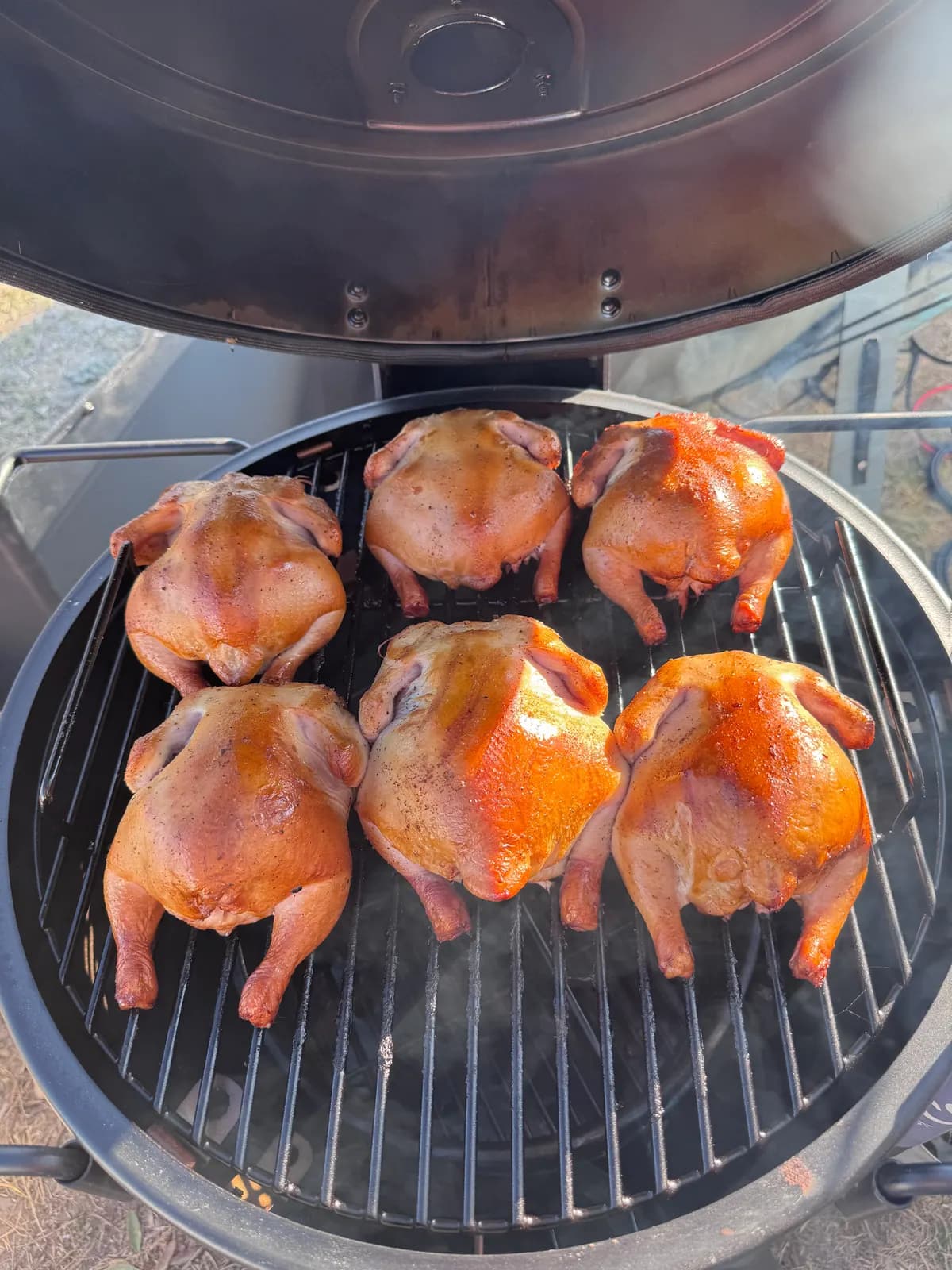 Six whole chickens on the grate of an Oklahoma Joe's smoker.